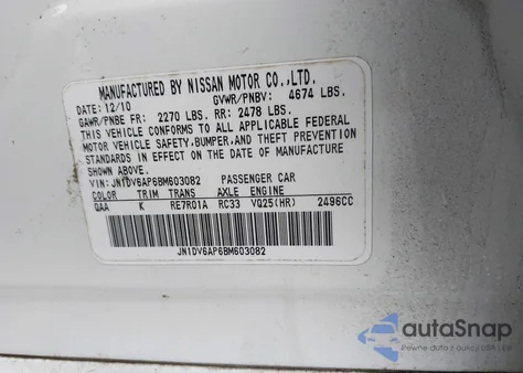 2011 Infiniti G25 Journey from USA, damaged, VIN JN1DV6AP6BM603082